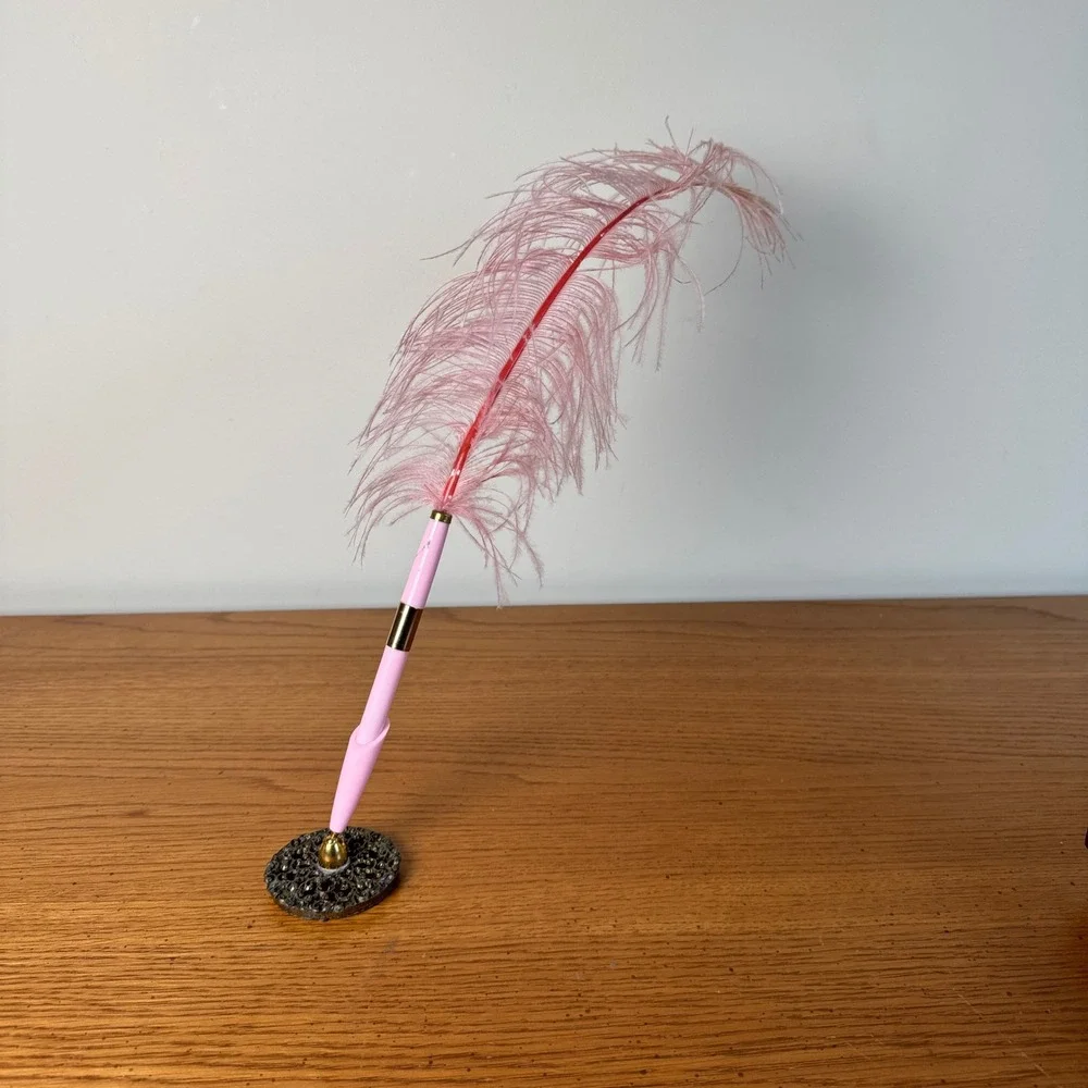 Pink Feather Ball Point Pen with Ornate Base Desk Accessory‎ Writing Tool Event